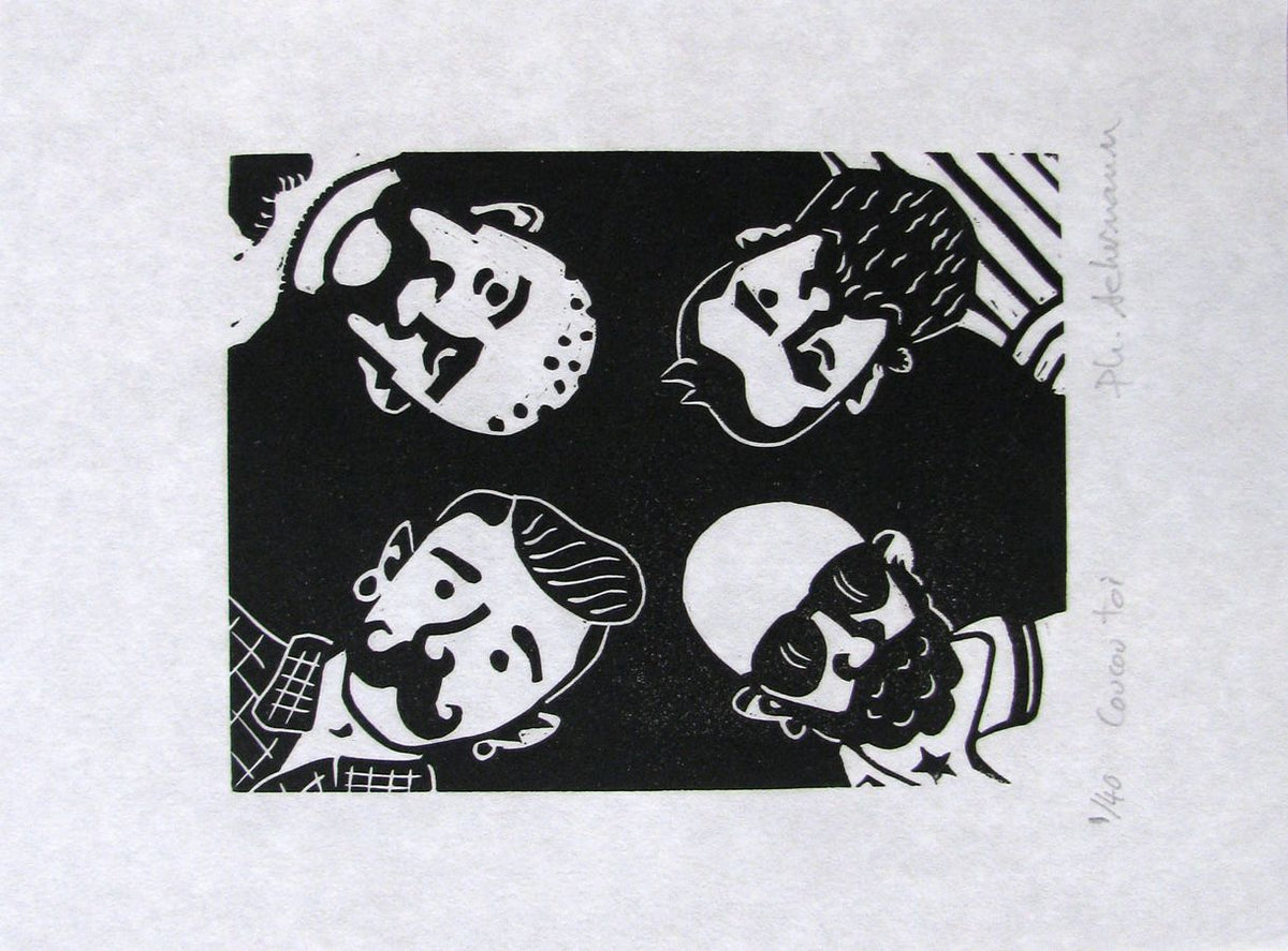 Linogravure figuratif petit format noir COUCOU TOI – PHILIPPE ACHERMANN – 18 × 24 cm