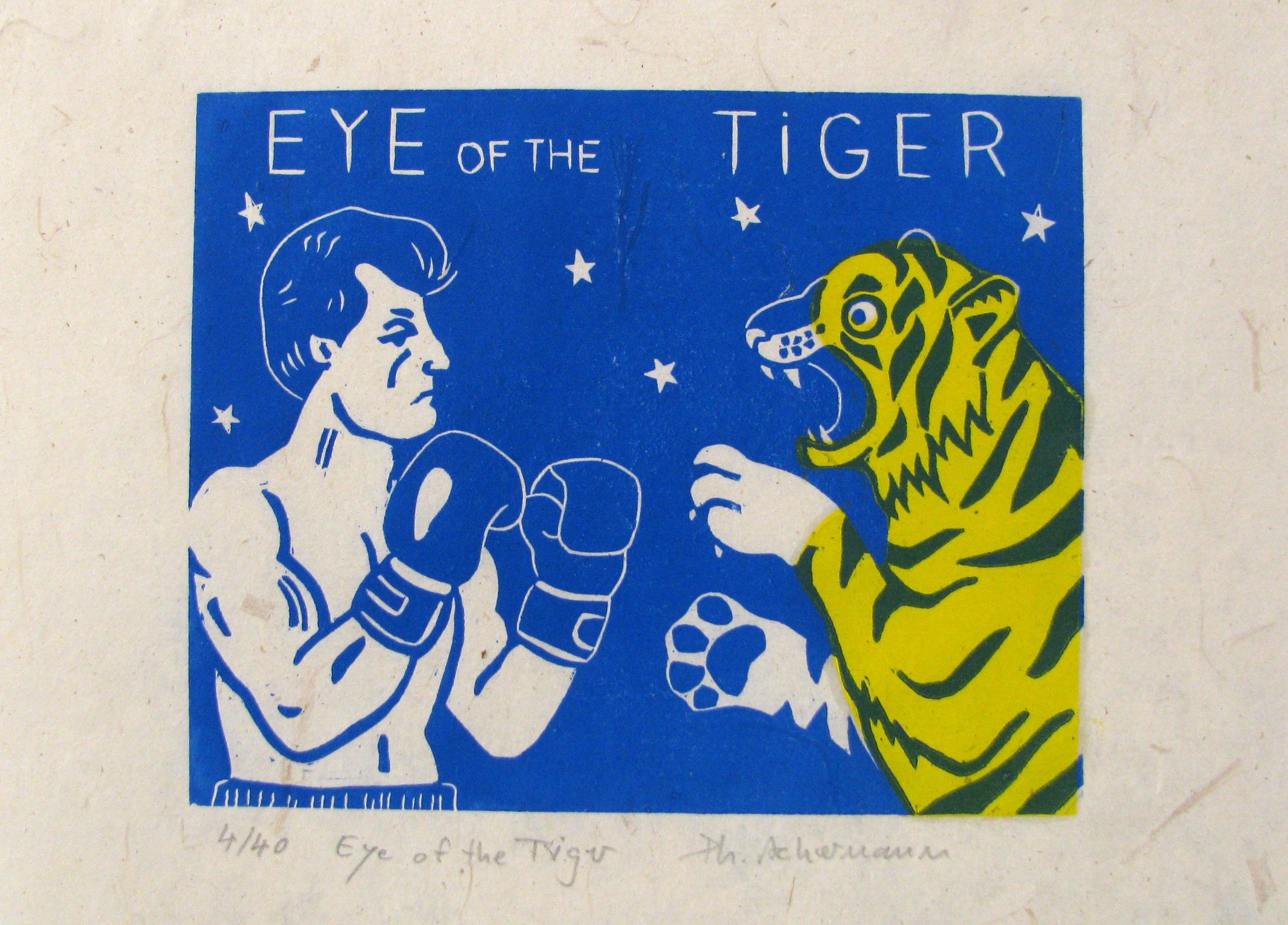 Linogravure figuratif petit format noir EYES OF TIGER – PHILIPPE ACHERMANN – 18 × 24 cm