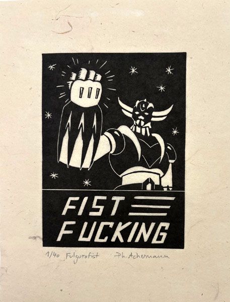 Linogravure figuratif petit format noir Fulgurofist – PHILIPPE ACHERMANN – 18 × 24 cm