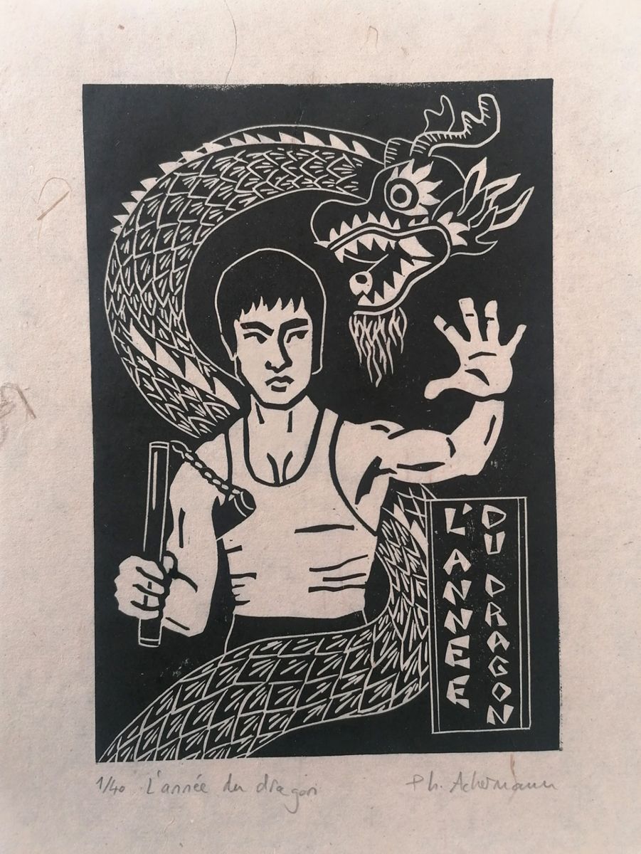 Linogravure figuratif petit format noir L'ANNEE DU DRAGON – PHILIPPE ACHERMANN – 18 × 24 cm