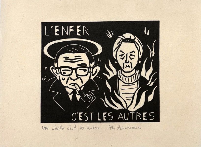 Linogravure figuratif petit format noir L'enfer c'est les autres – PHILIPPE ACHERMANN – 24 × 18 cm