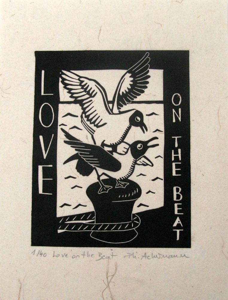 Linogravure figuratif petit format noir Love on the beat – PHILIPPE ACHERMANN – 18 × 24 cm