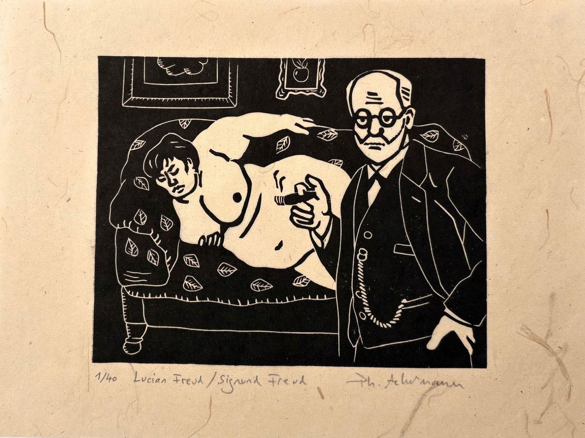 Linogravure figuratif petit format noir Lucian/Sigmund Freud – PHILIPPE ACHERMANN – 24 × 18 cm