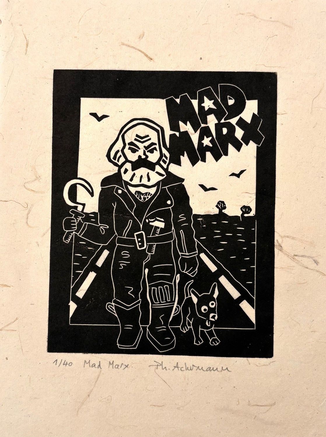 Linogravure figuratif petit format noir Mad Marx – PHILIPPE ACHERMANN – 18 × 24 cm