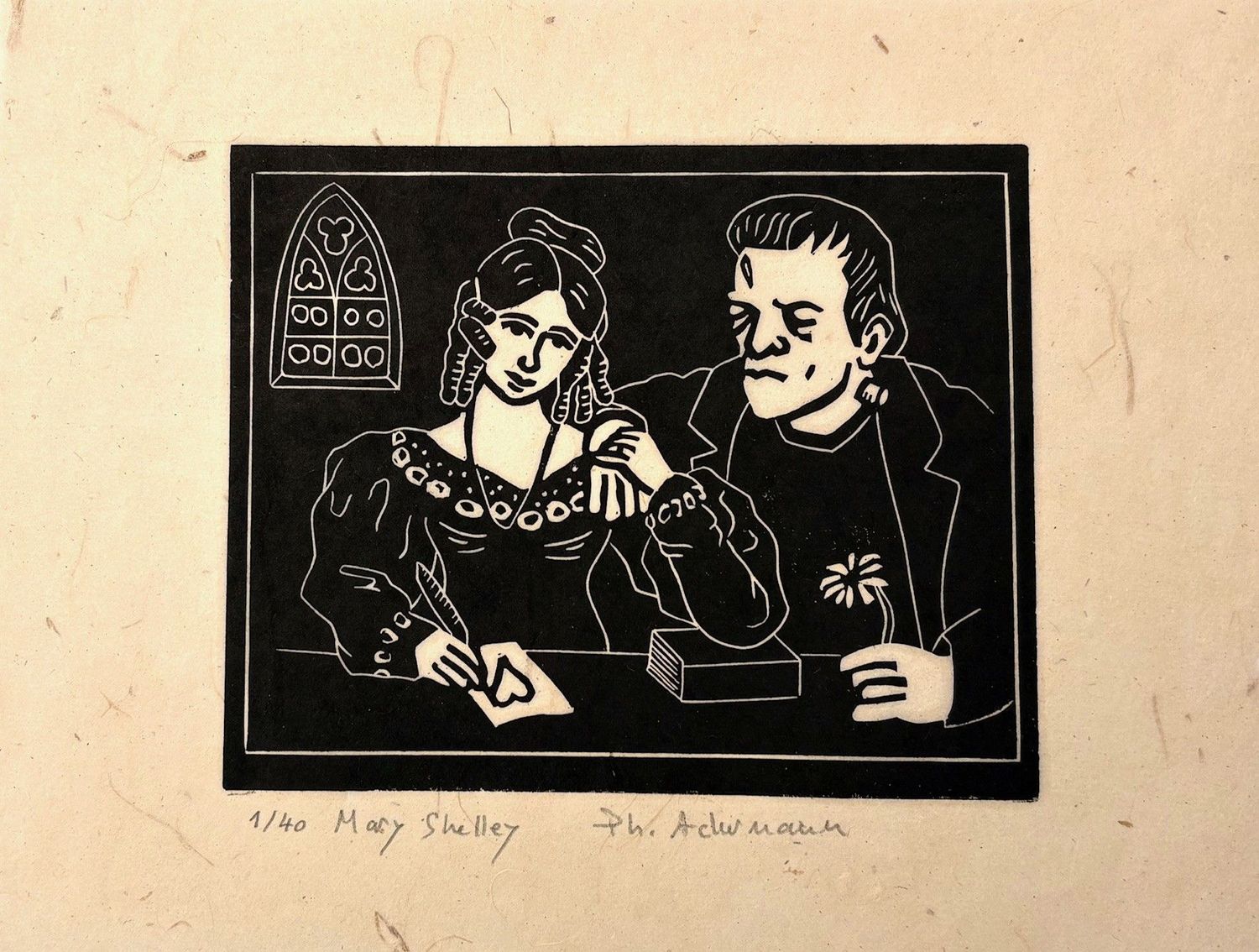 Linogravure figuratif petit format noir Mary Shelley – PHILIPPE ACHERMANN – 18 × 24 cm
