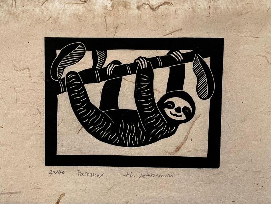 Linogravure figuratif petit format noir Paresseux – PHILIPPE ACHERMANN – 18 × 24 cm