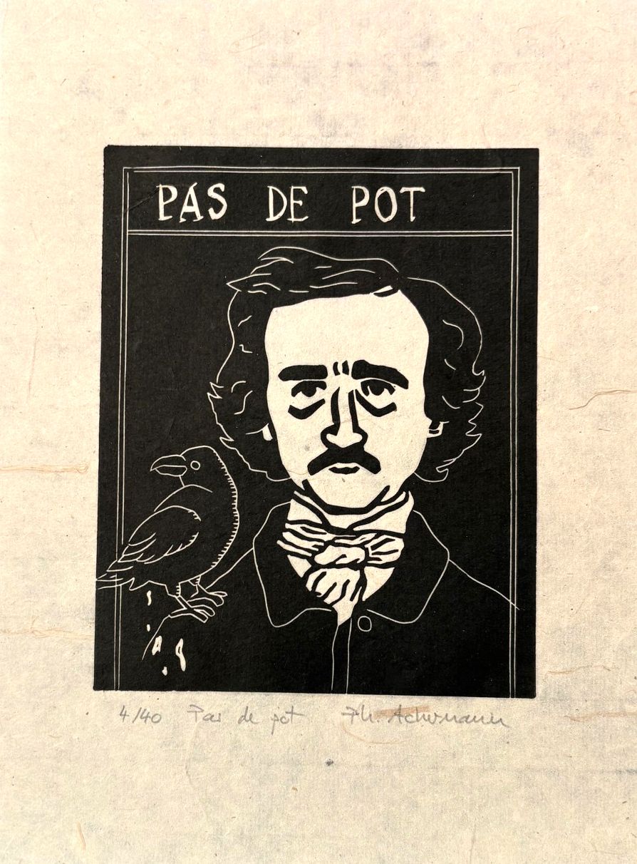 Linogravure figuratif petit format noir Pas de pot – PHILIPPE ACHERMANN – 18 × 24 cm