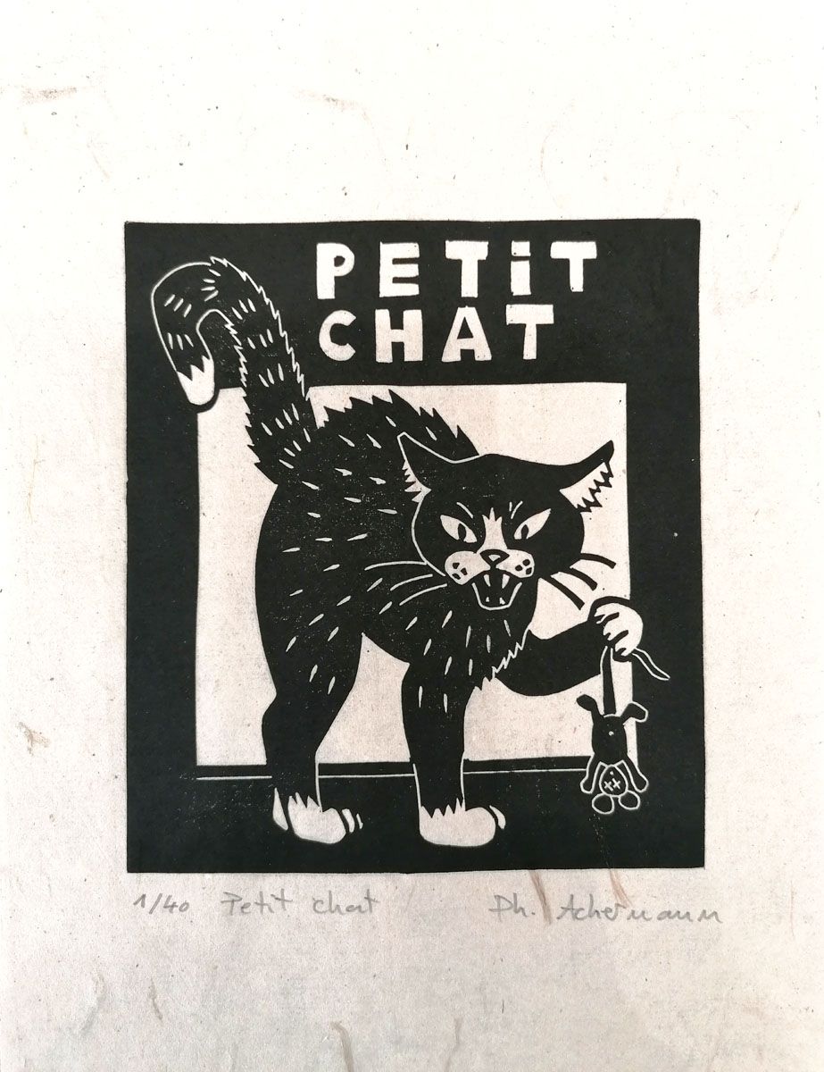 Linogravure figuratif petit format noir Petit chat – PHILIPPE ACHERMANN – 18 × 24 cm