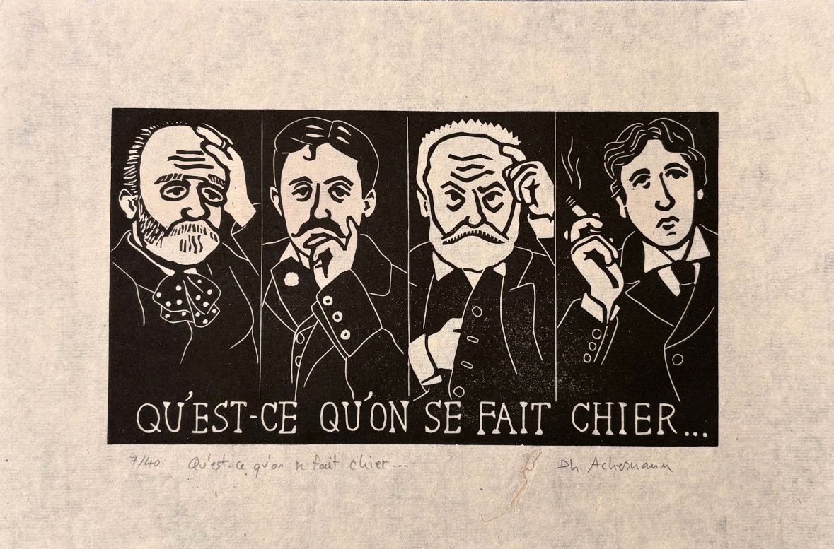 Linogravure figuratif petit format noir Qu'est ce qu'once fait chier... – PHILIPPE ACHERMANN – 20 × 30 cm