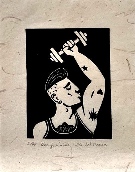 Linogravure figuratif petit format noir QUE JE M'AIME – PHILIPPE ACHERMANN – 18 × 24 cm