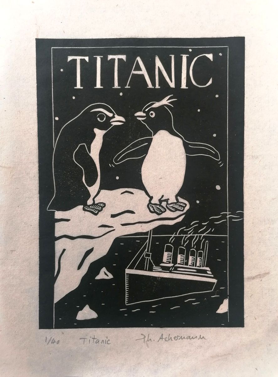 Linogravure figuratif petit format noir TITANIC – PHILIPPE ACHERMANN – 18 × 24 cm