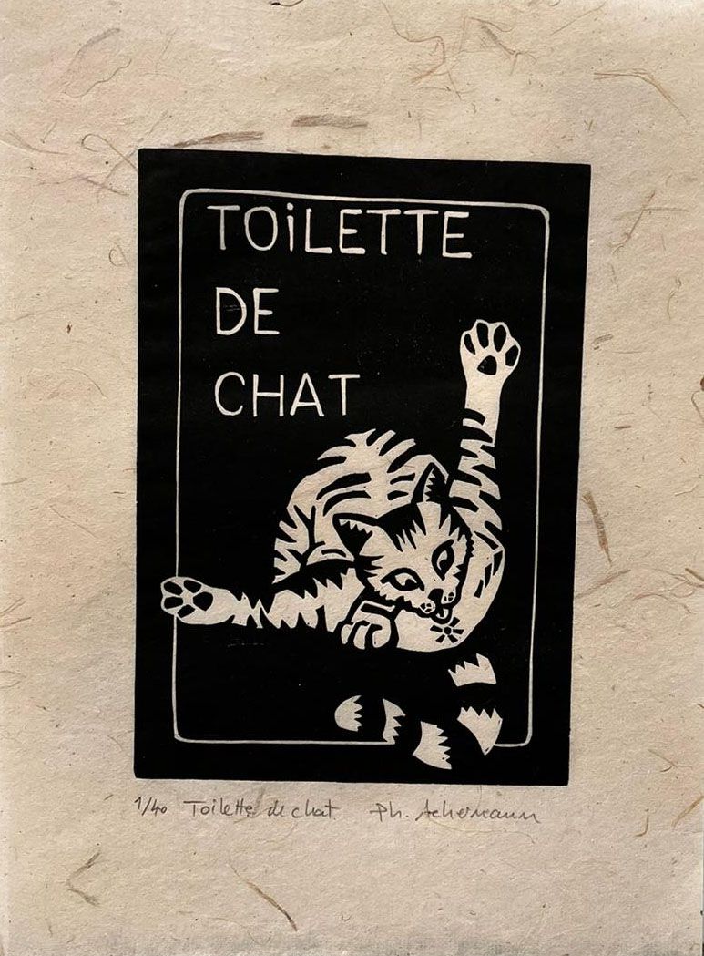 Linogravure figuratif petit format noir Toilette de chat – PHILIPPE ACHERMANN – 24 × 18 cm