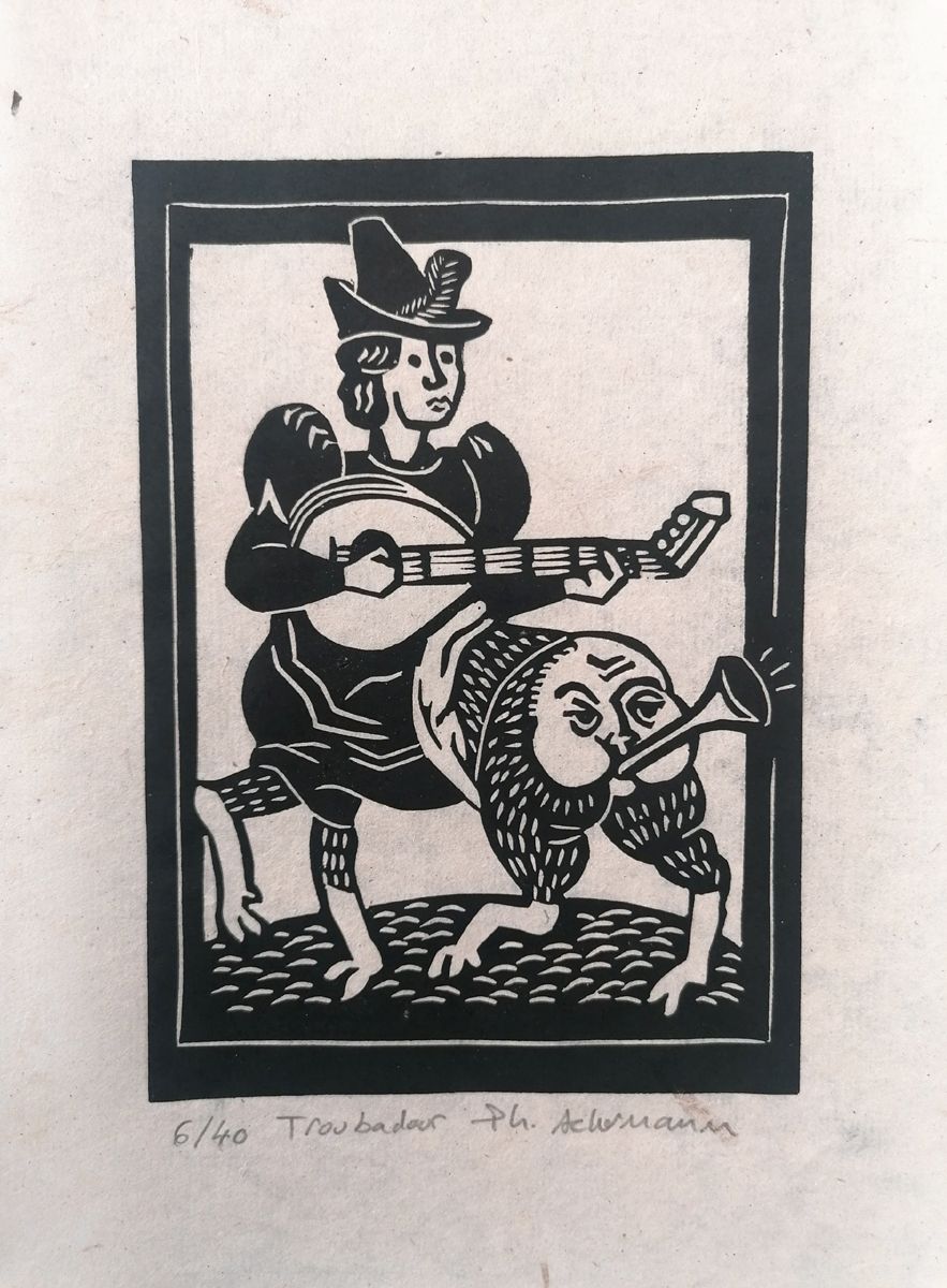 Linogravure figuratif petit format noir TROUBADOUR papier – PHILIPPE ACHERMANN – 18 × 24 cm