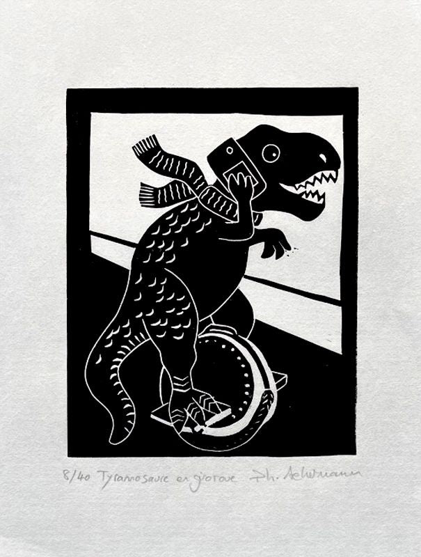 Linogravure figuratif petit format noir TYRANNOSAURUS EN GYROROUE – PHILIPPE ACHERMANN – 18 × 24 cm