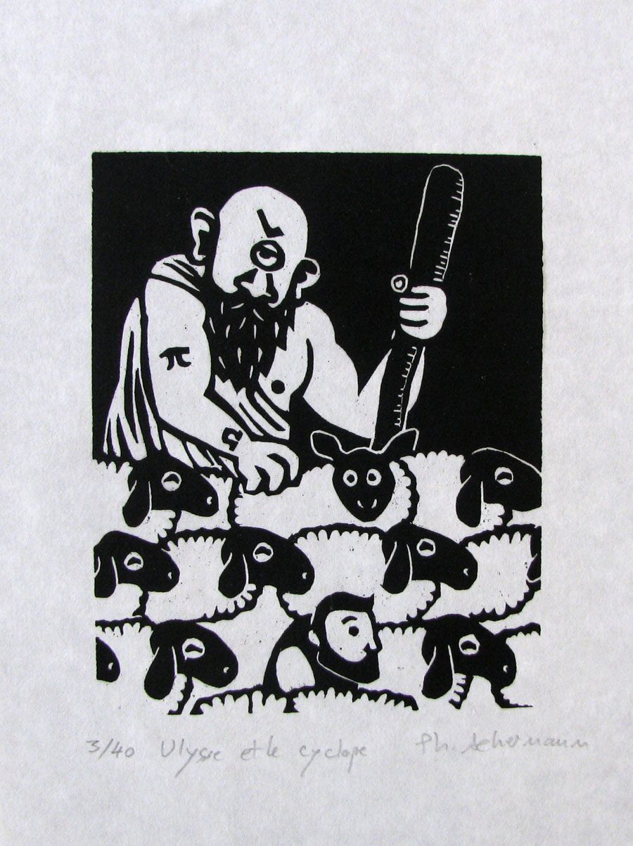 Linogravure figuratif petit format noir ULYSSE ET LE CYCLOPE – PHILIPPE ACHERMANN – 18 × 24 cm
