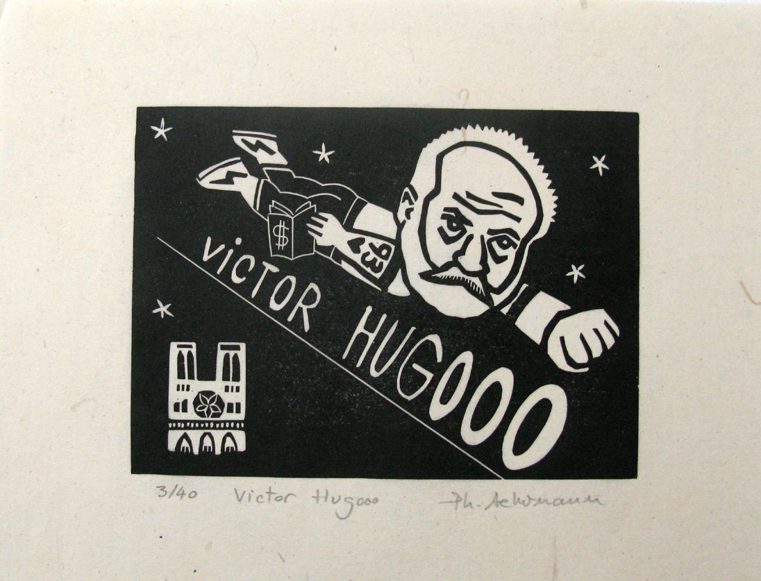 Linogravure figuratif petit format noir Victor Hugoooo – PHILIPPE ACHERMANN – 18 × 24 cm