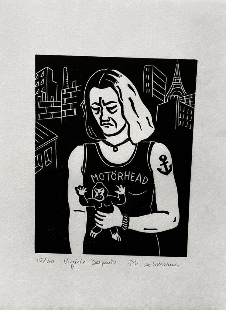 Linogravure figuratif petit format noir Virginie Despentes – PHILIPPE ACHERMANN – 24 × 18 cm