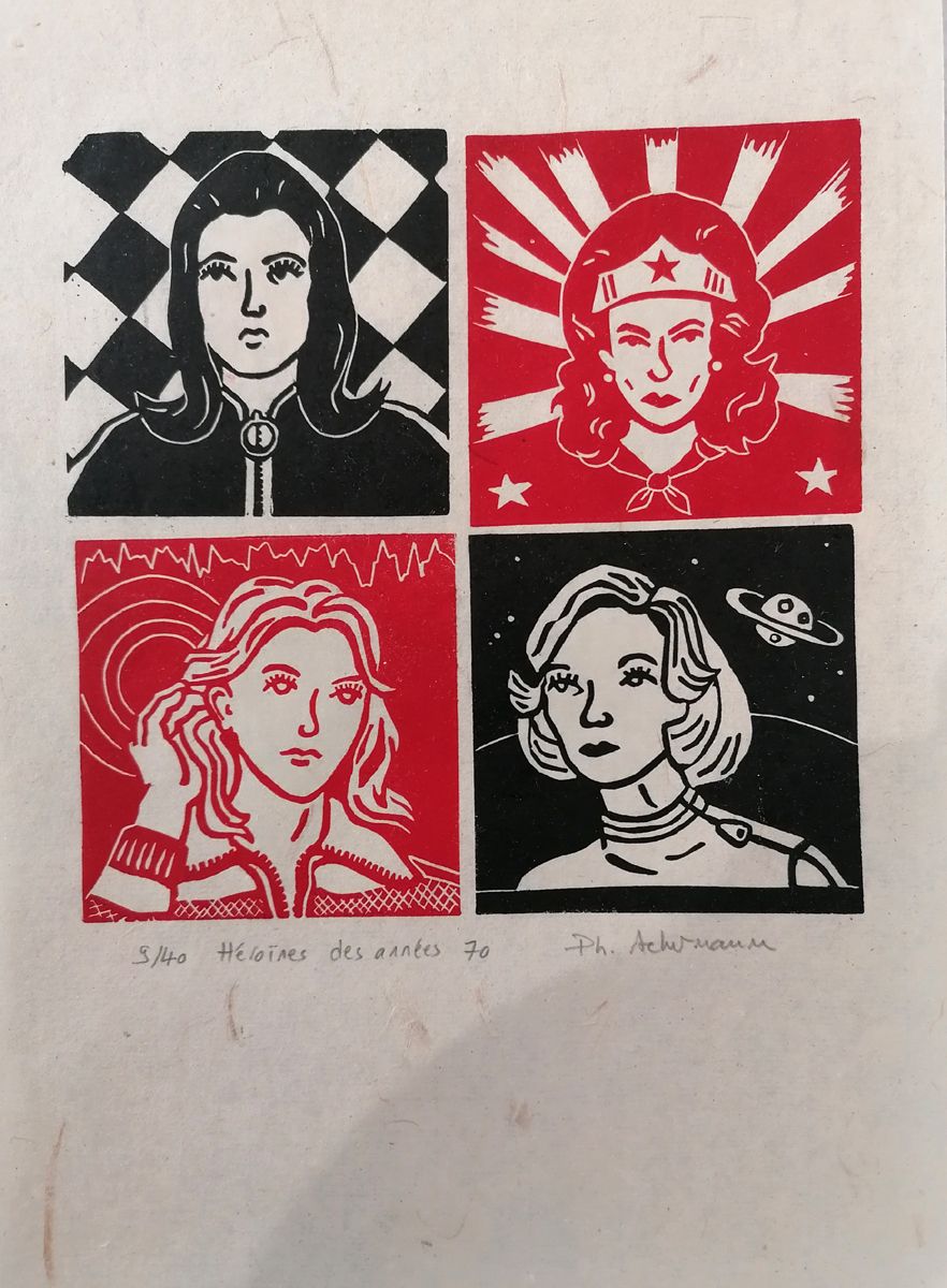 Linogravure figuratif petit format noir et rouge Heroines des années 70 – PHILIPPE ACHERMANN – 20 × 30 cm