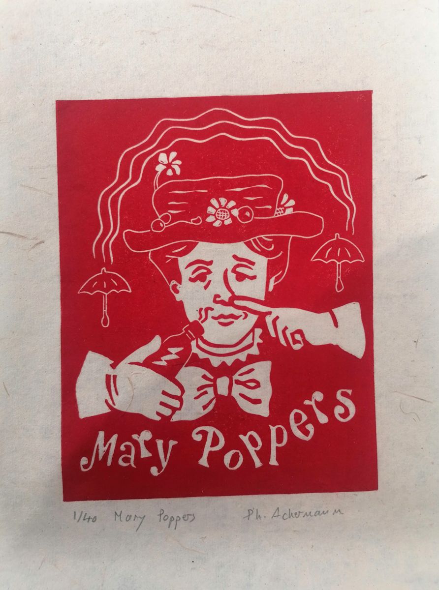 Linogravure figuratif petit format noir et rouge MARY POPPERS – PHILIPPE ACHERMANN – 18 × 24 cm