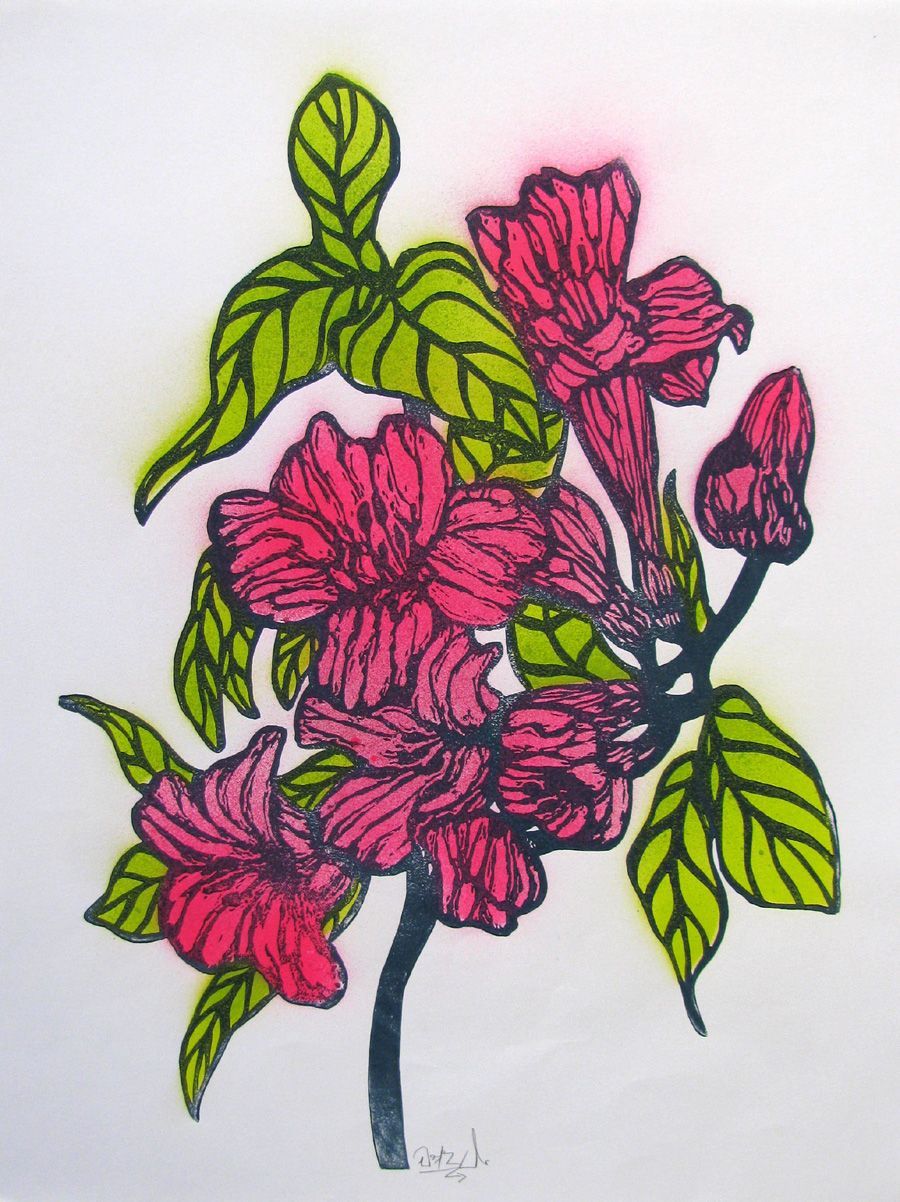 Linogravure figuratif petit format FLEURS DE LA MORT – OSRU – 30 × 40 cm