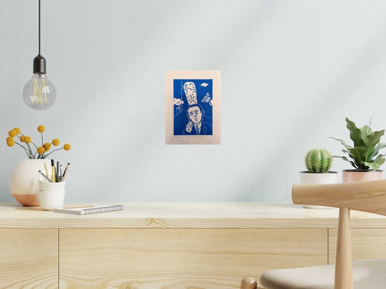 Linogravure André Breton de PHILIPPE ACHERMANN dans un intérieur – 18 × 24 cm