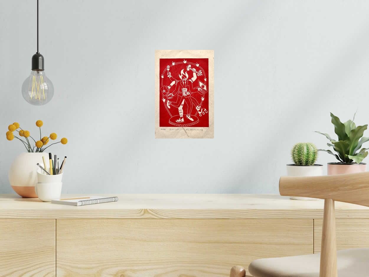 Linogravure BURN OUT de PHILIPPE ACHERMANN dans un intérieur – 20 × 30 cm