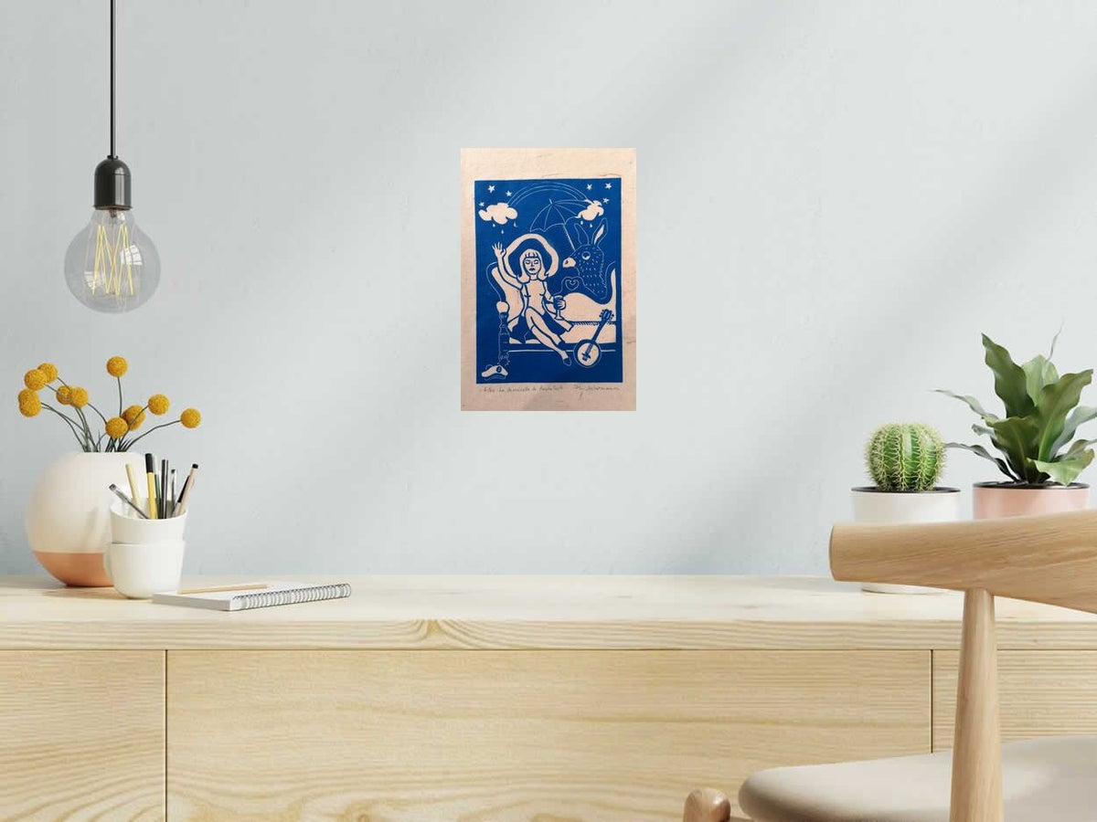 Linogravure LA DEMOISELLE DE ROCHEFORT de PHILIPPE ACHERMANN dans un intérieur – 20 × 30 cm