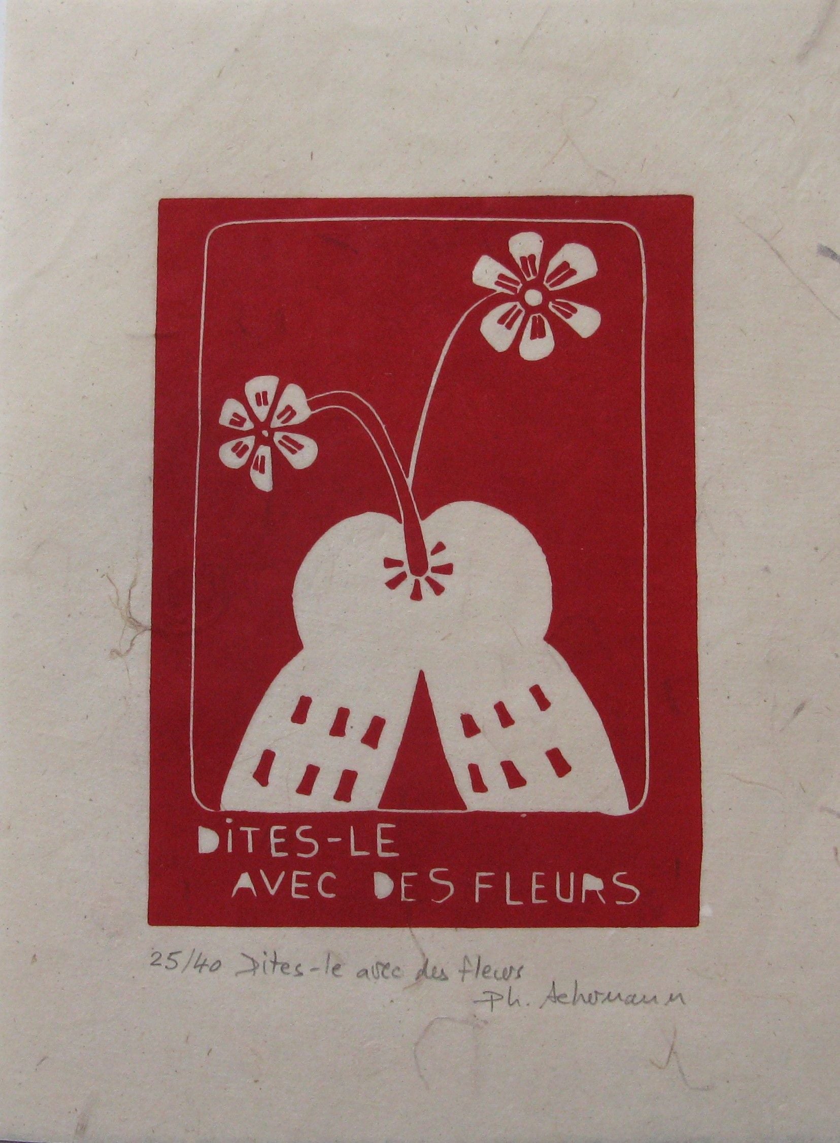 Linogravure figuratif petit format rouge Dites le avec des fleurs – PHILIPPE ACHERMANN – 18 × 24 cm