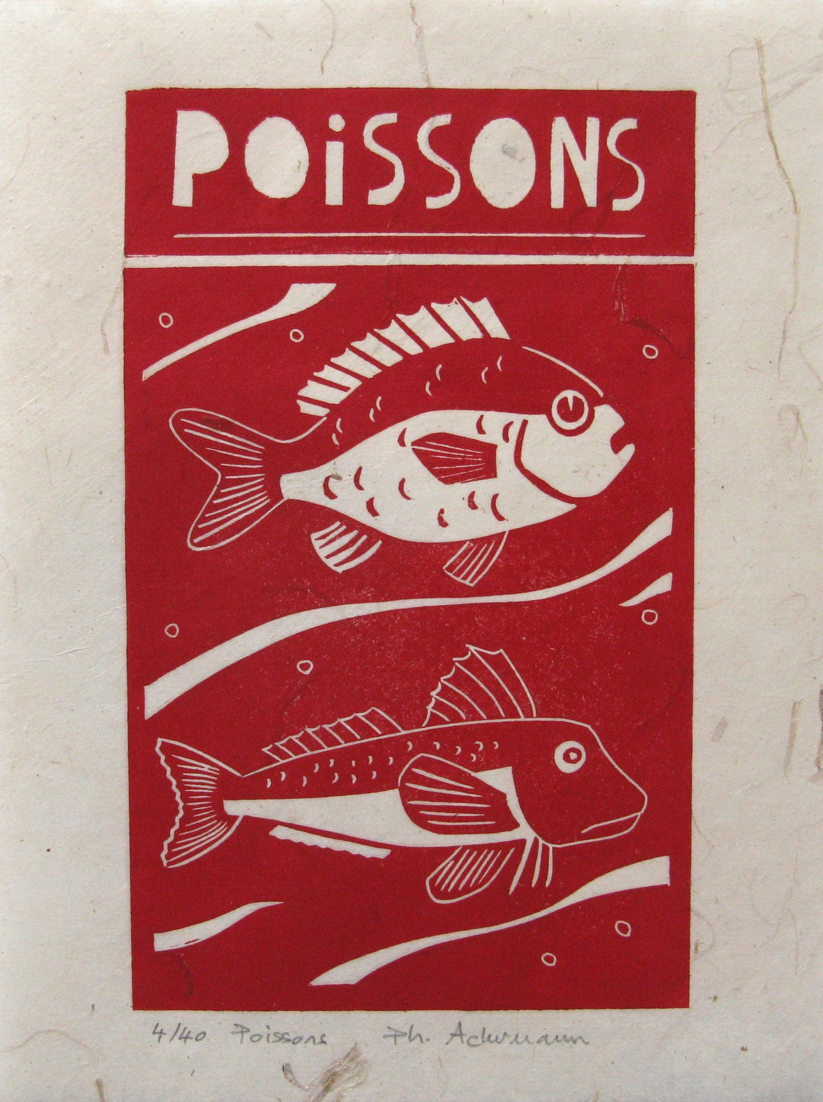 Linogravure figuratif petit format rouge Poissons – PHILIPPE ACHERMANN – 18 × 24 cm