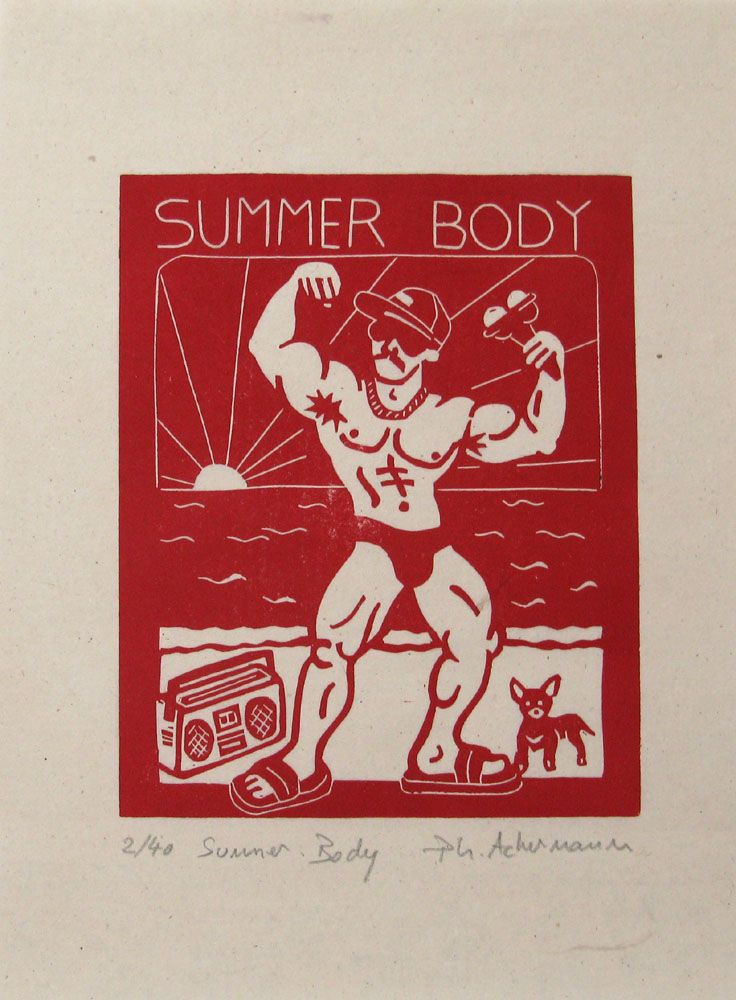 Linogravure figuratif petit format rouge summer body – PHILIPPE ACHERMANN – 18 × 24 cm