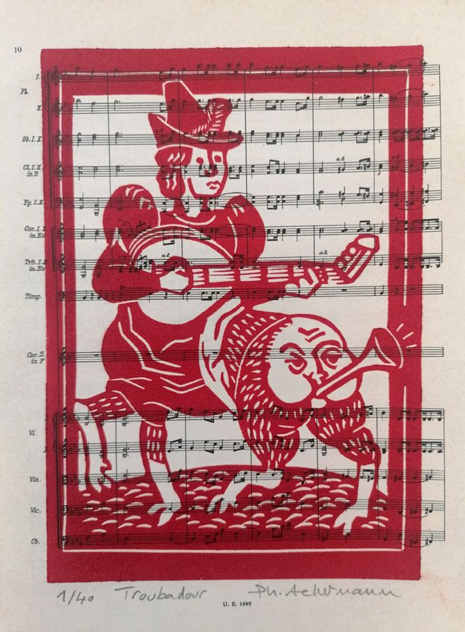 Linogravure figuratif petit format rouge TROUBADOUR Partitions – PHILIPPE ACHERMANN – 13 × 18 cm