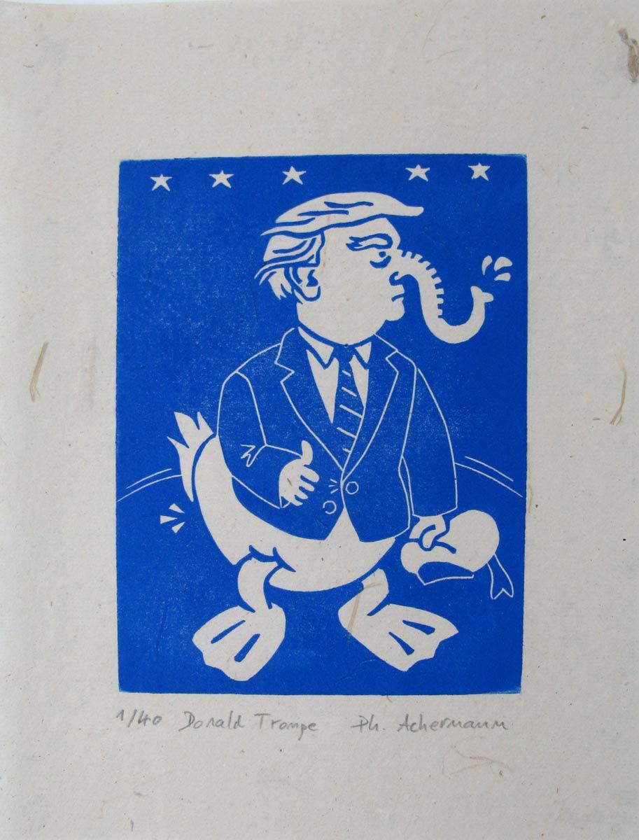 Linogravure graphique petit format bleu et rouge Donald trompe – PHILIPPE ACHERMANN – 24 × 18 cm