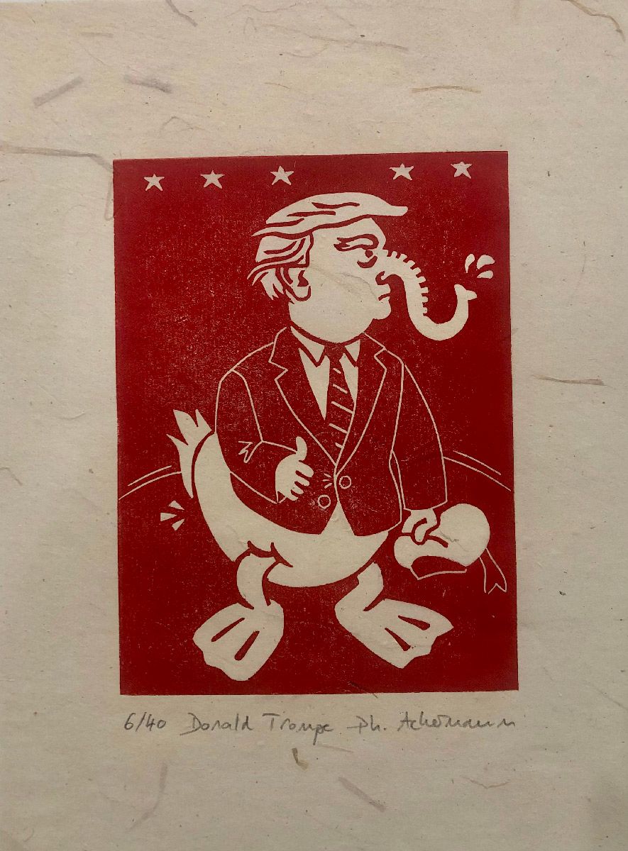 Linogravure graphique petit format bleu et rouge Donald trompe rouge – PHILIPPE ACHERMANN – 18 × 24 cm