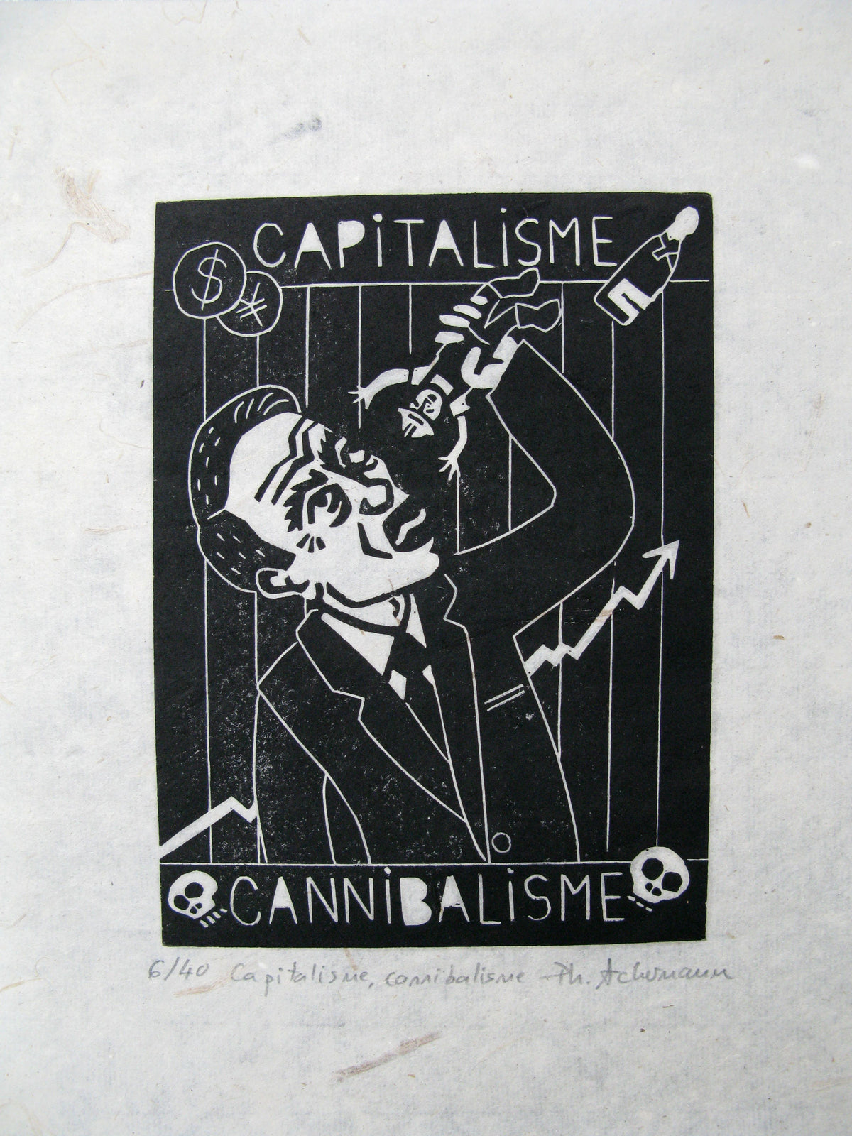 Linogravure graphique petit format noir Capitalisme Cannibalisme – PHILIPPE ACHERMANN – 24 × 18 cm