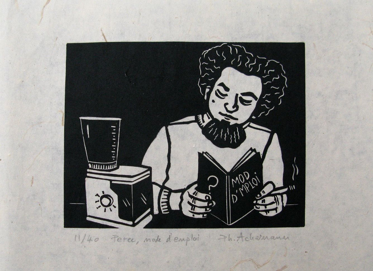Linogravure graphique petit format noir PEREC, MODE D'EMPLOI – PHILIPPE ACHERMANN – 18 × 24 cm