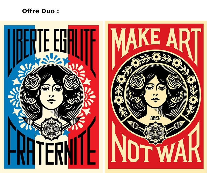 Lithographie grande taille DUO MAKE ART NOT WAR - LIBERTE EGALITE FRATERNITE – OBEY : SHEPARD FAIREY – 91 × 61 cm