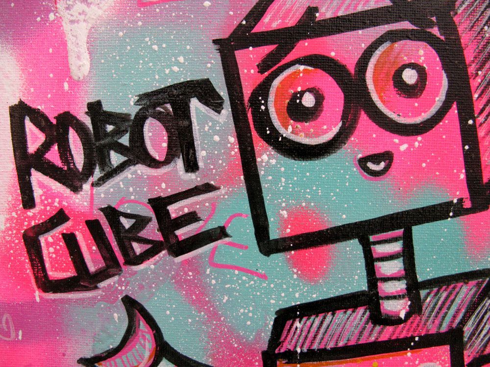 Tableau de LUSSY a pour titre love robbbot style graffiti, street pop art dim : LUSSYprix:110