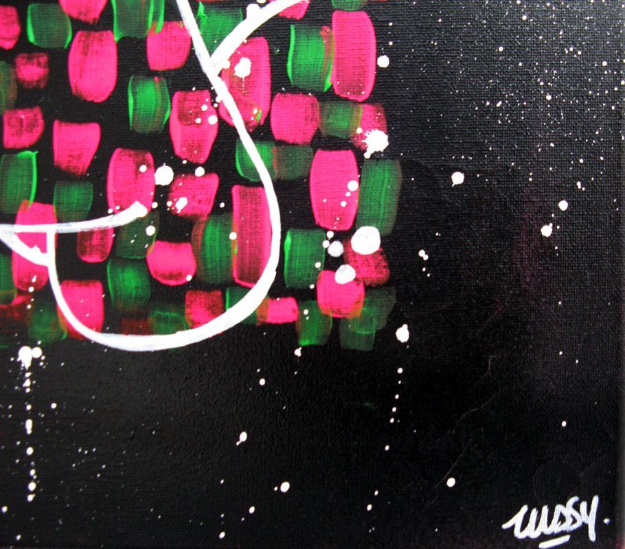 Tableau de LUSSY a pour titre lussy cat green pink style graffiti, street pop art dim : LUSSYprix:150