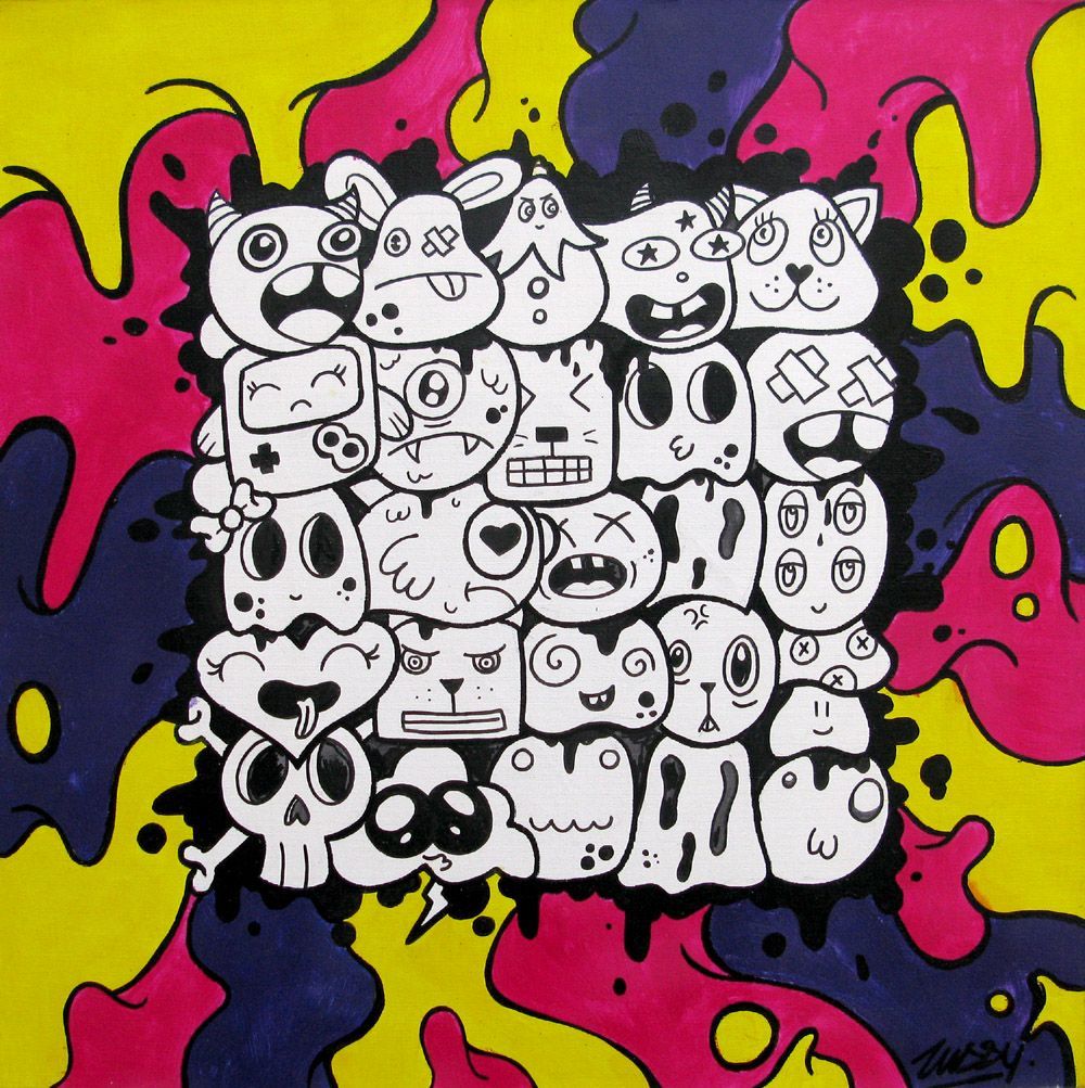 Tableau de LUSSY a pour titre multi kawaï violet style graffiti, street pop art dim : LUSSYprix:180