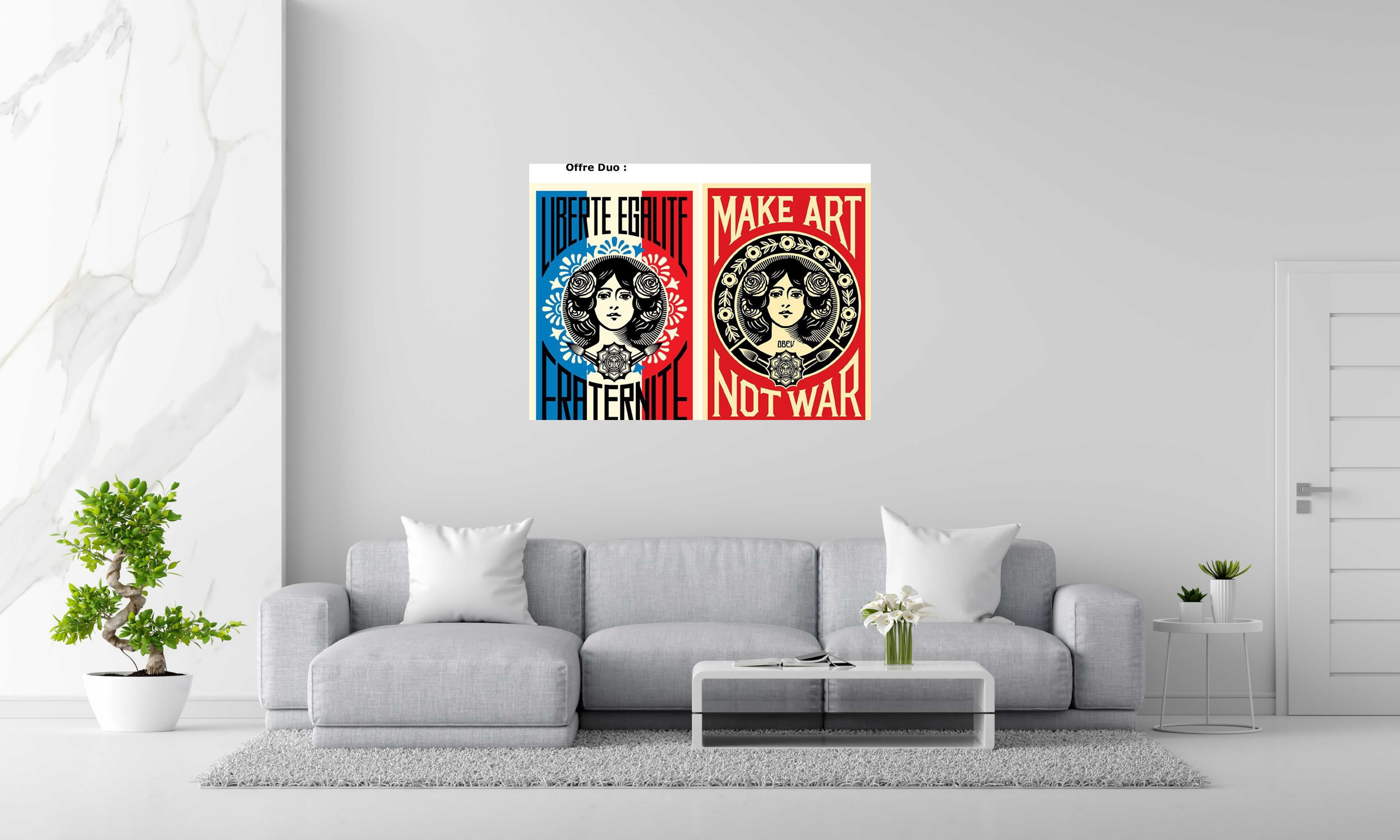 Editions d'art de OBEY : SHEPARD FAIREY a pour titre DUO MAKE ART NOT WAR - LIBERTE EGALITE FRATERNITE style street pop art dim : OBEY : SHEPARD FAIREY prix:200