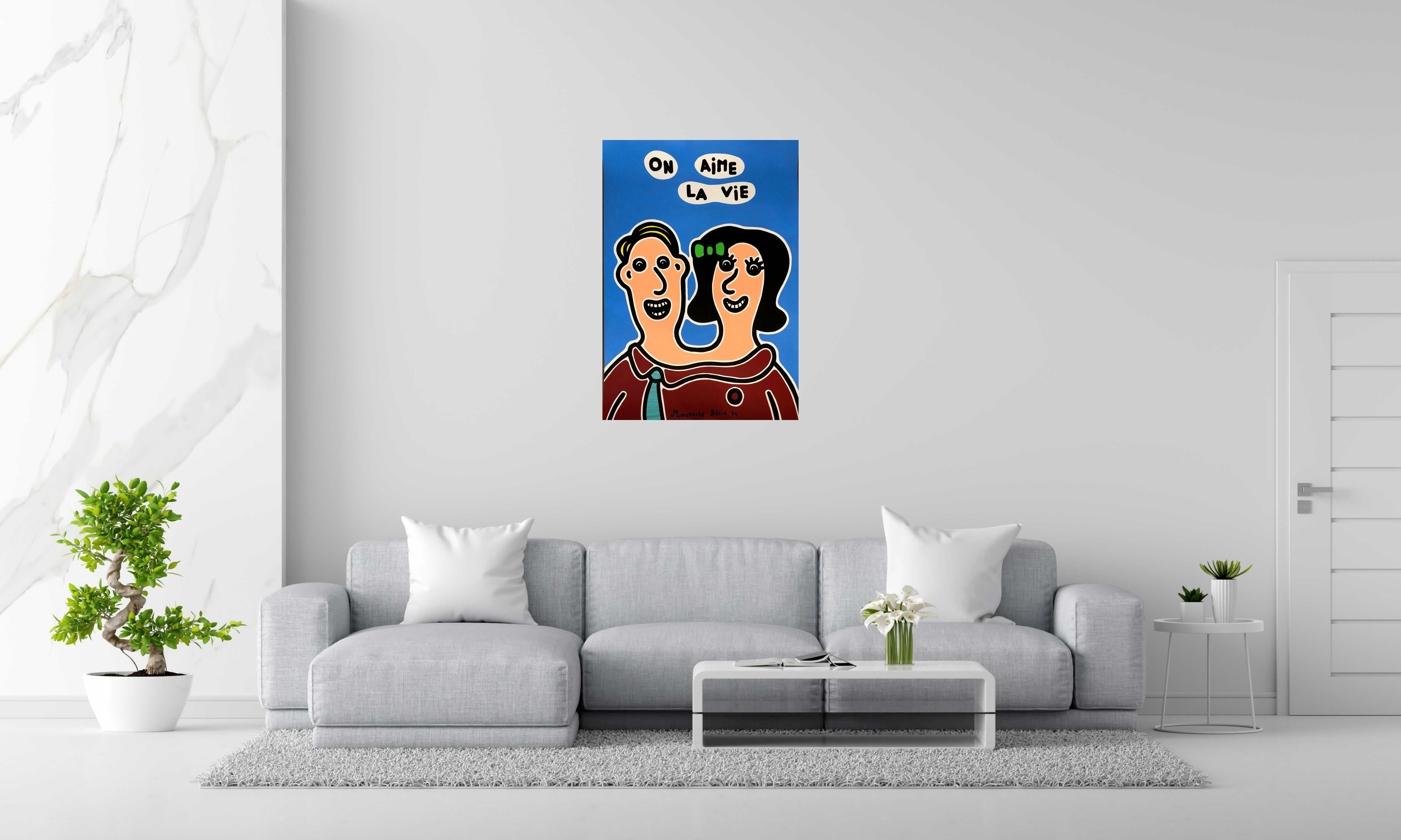 Dessin de MOUSTACHE BLEUE a pour titre On aime la vie style figuratif dim : MOUSTACHE BLEUEprix:220
