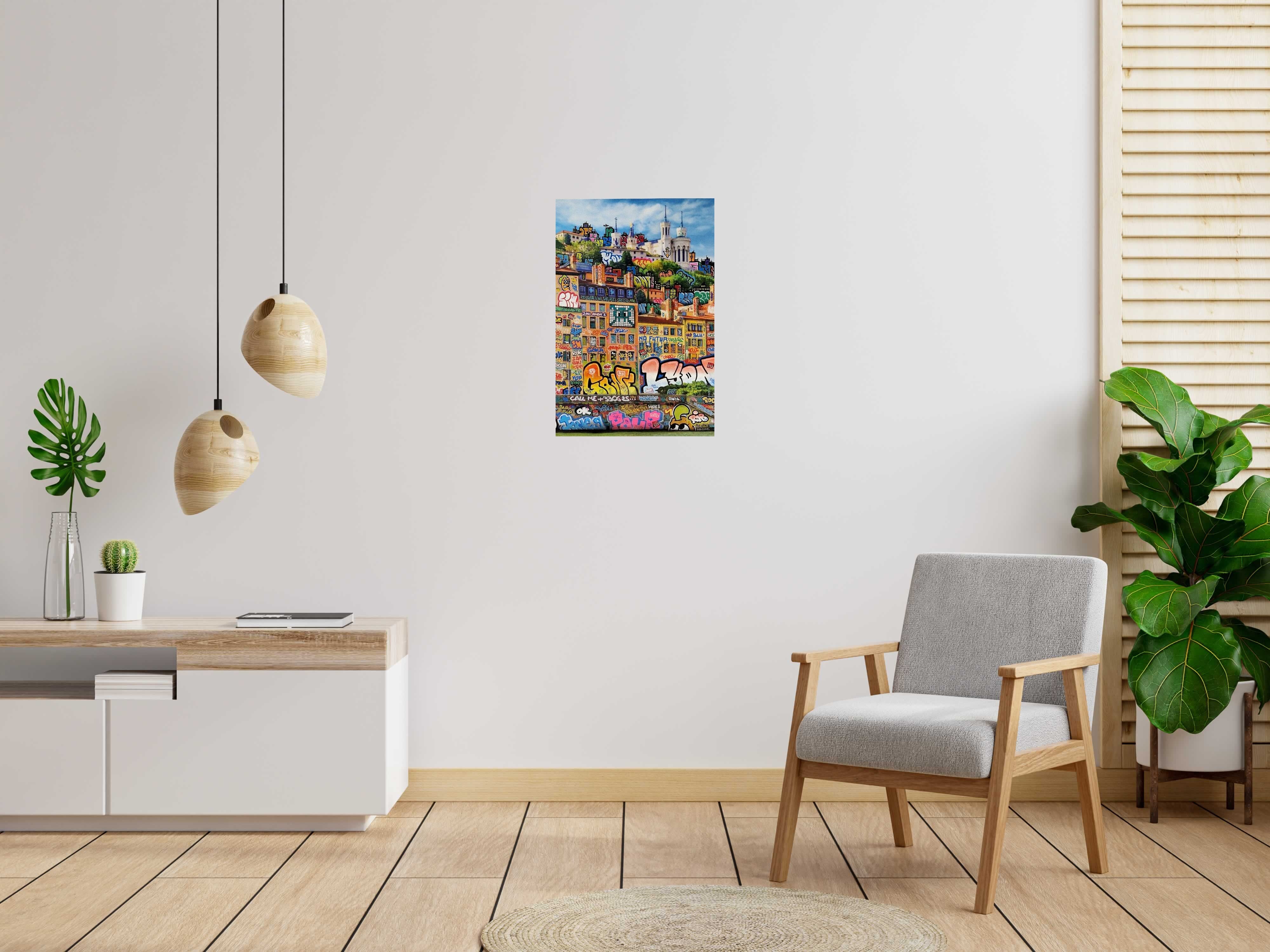 Tableau de BLACH a pour titre Lyon Feat Carotte style graffiti, street art dim : BLACHprix:500