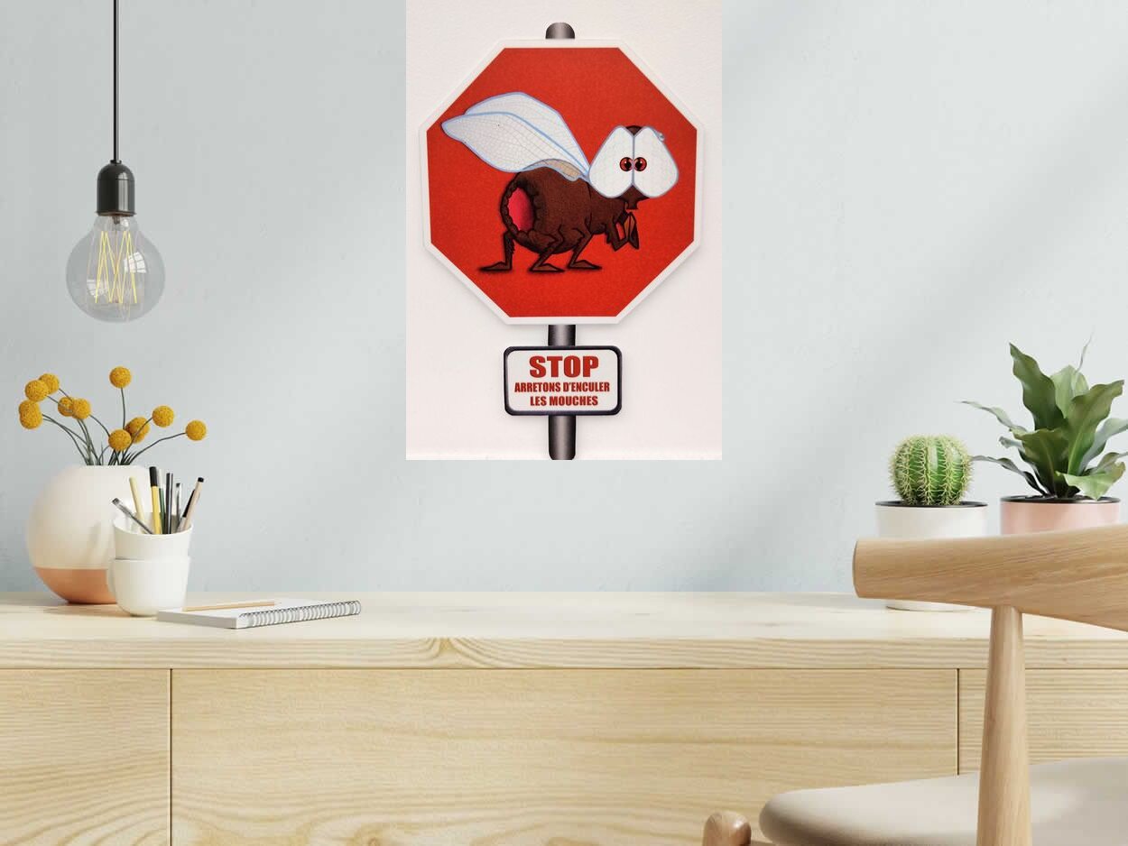 Tableau de L'ARTISTE PITRE a pour titre Stop arretons d'******* les mouches style figuratif, graphique dim : L'ARTISTE PITREprix:160