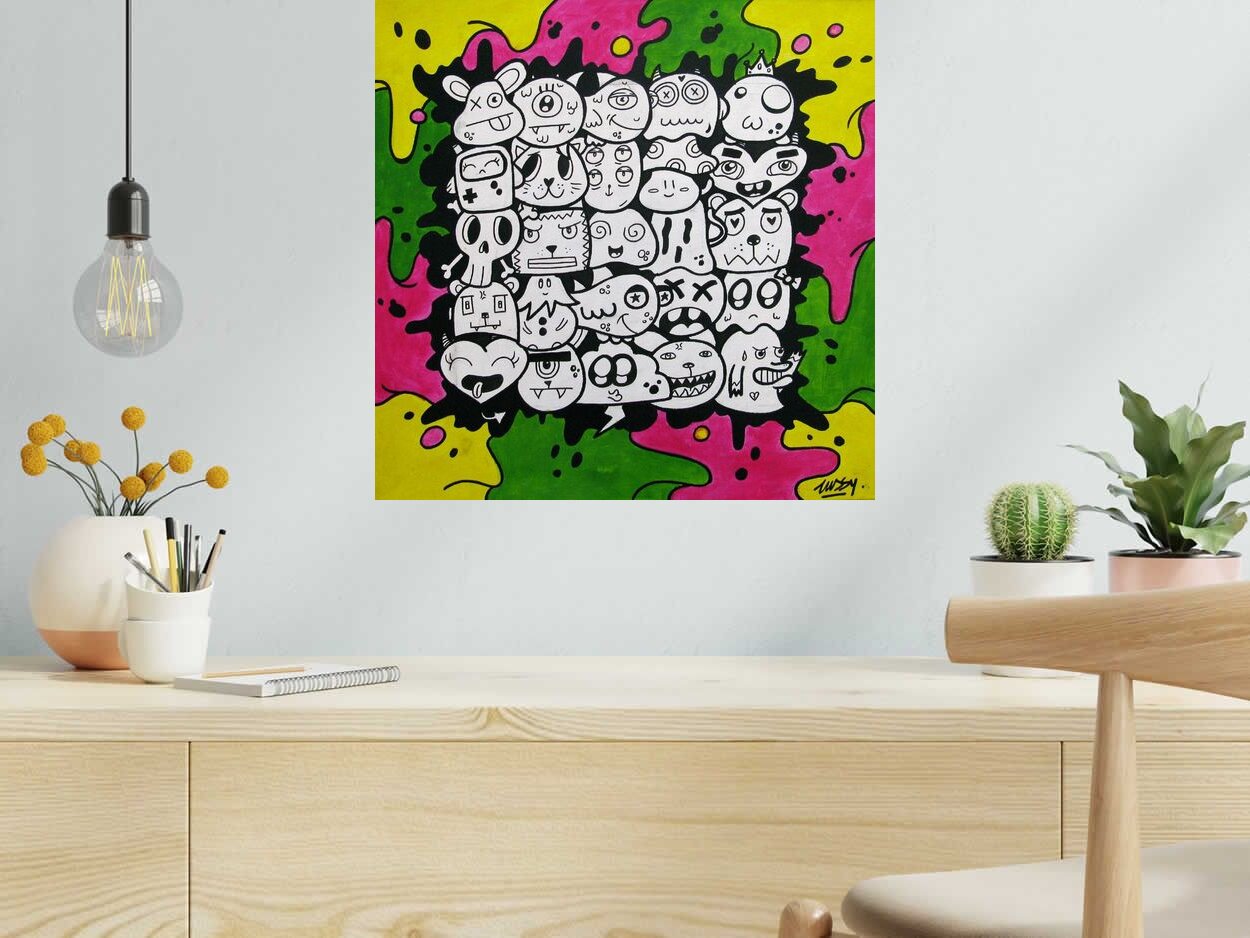 Tableau de LUSSY a pour titre multi kawaï vert style graffiti, street pop art dim : LUSSYprix:180