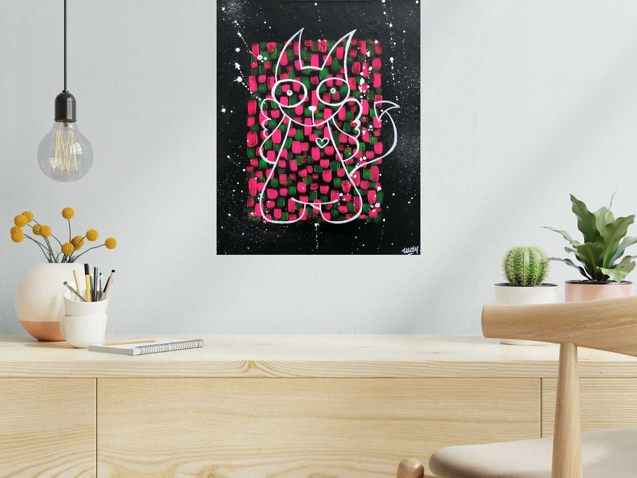 Tableau de LUSSY a pour titre lussy cat green pink style graffiti, street pop art dim : LUSSYprix:150