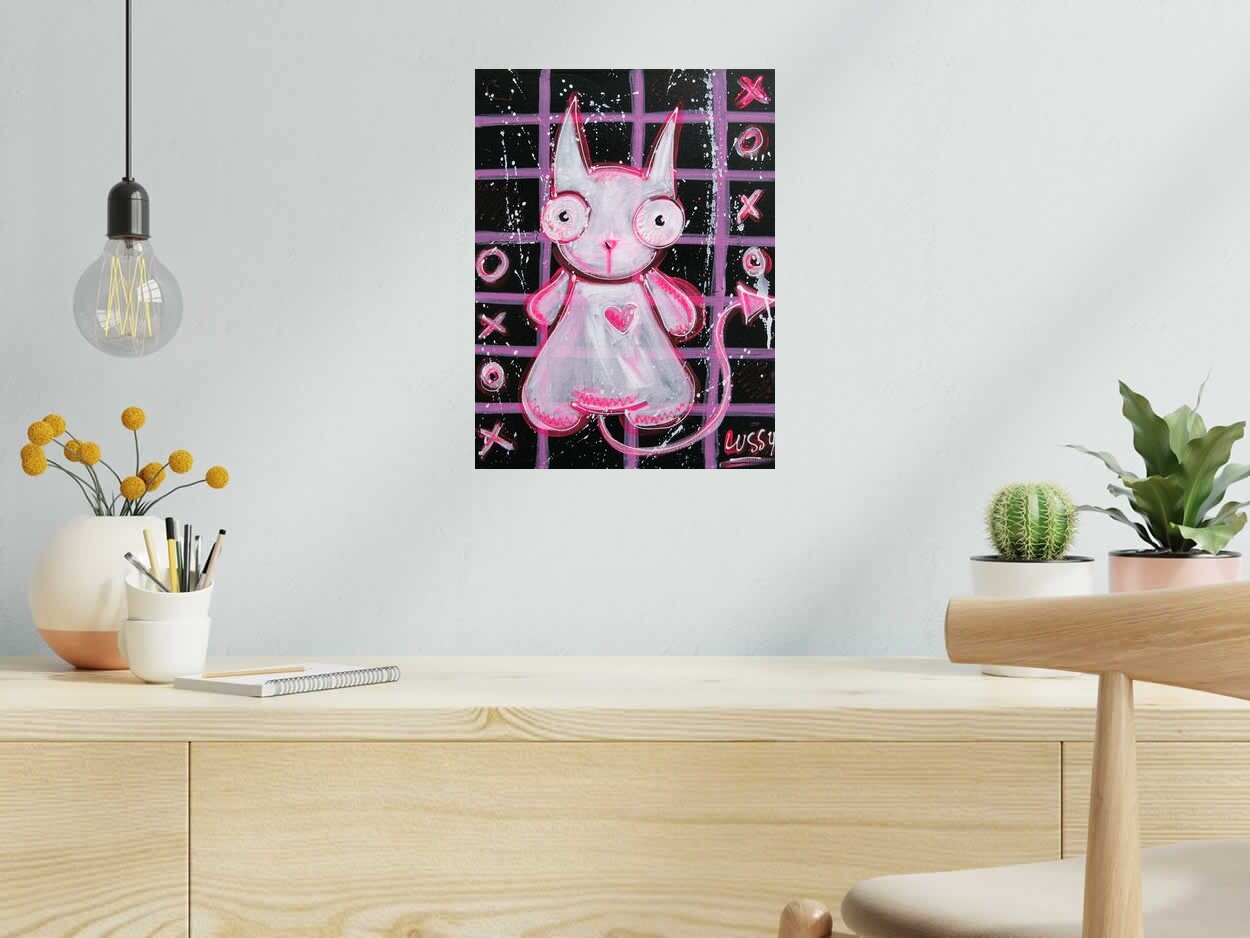 Tableau de LUSSY a pour titre pink cat 2 style graffiti, street pop art dim : LUSSYprix:110