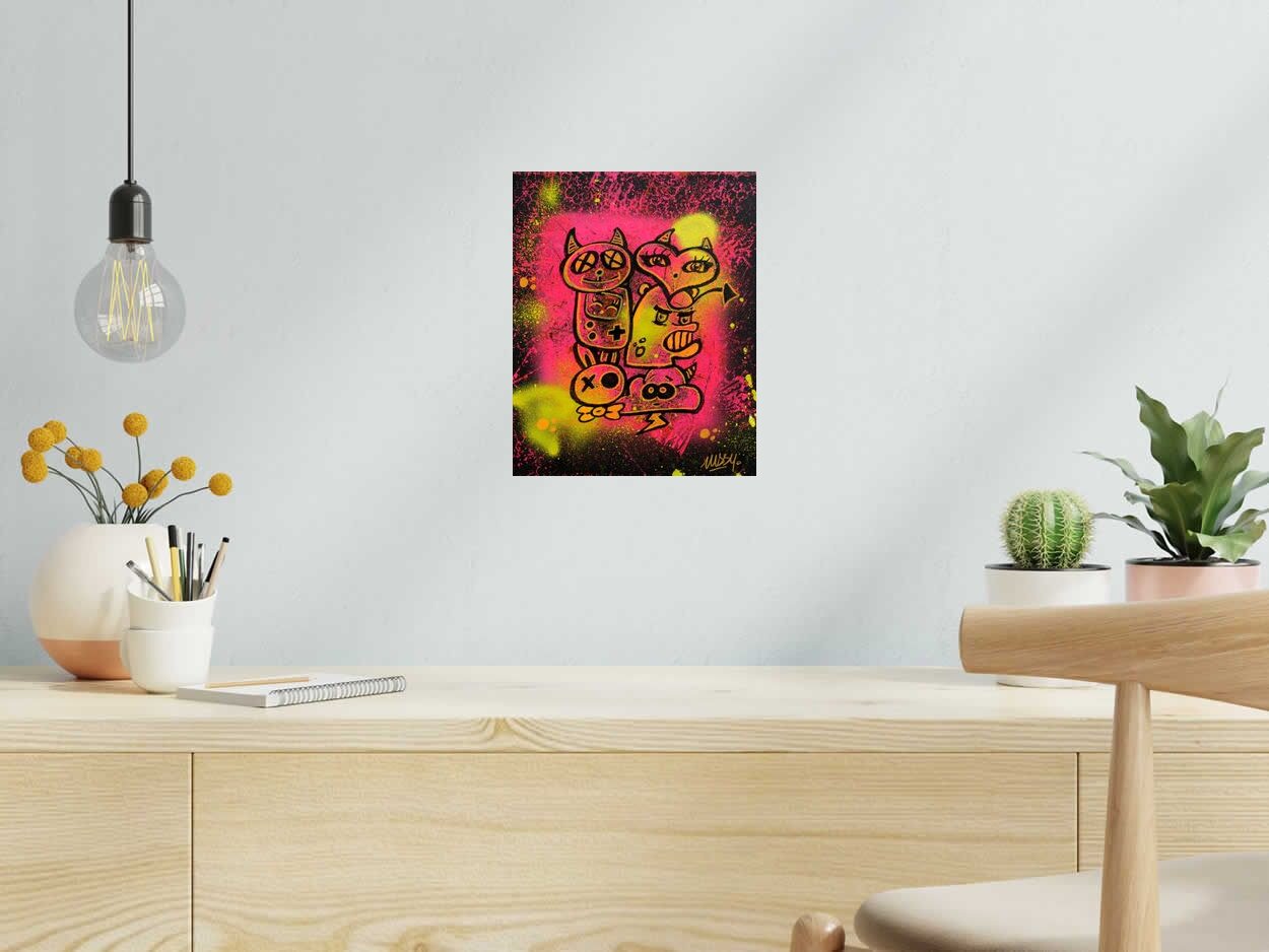 Tableau de LUSSY a pour titre kawaï graff jaune rose style graffiti, street pop art dim : LUSSYprix:80