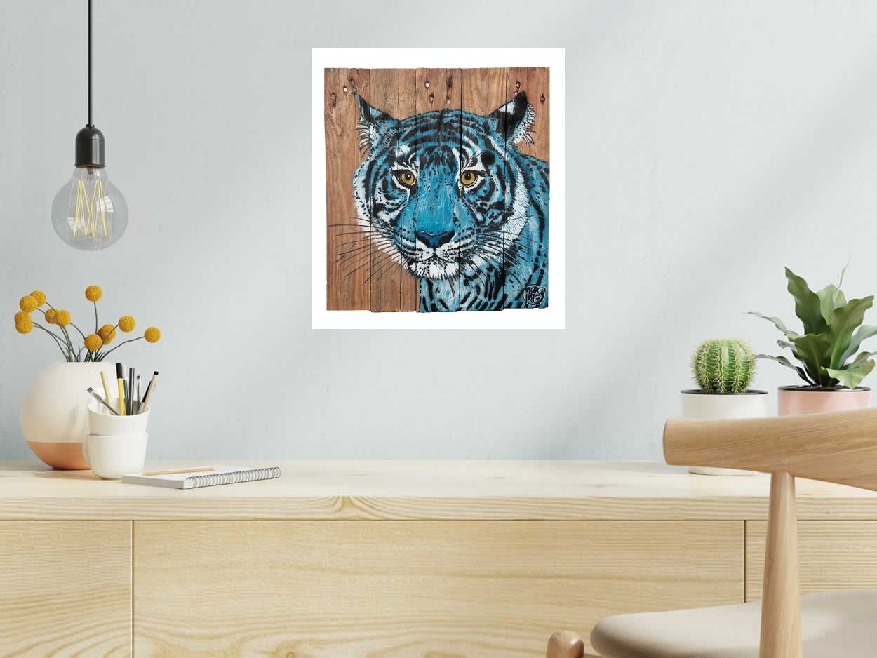 Tableau de MOSKO a pour titre Buste tigre bleu style street art dim : MOSKOprix:850