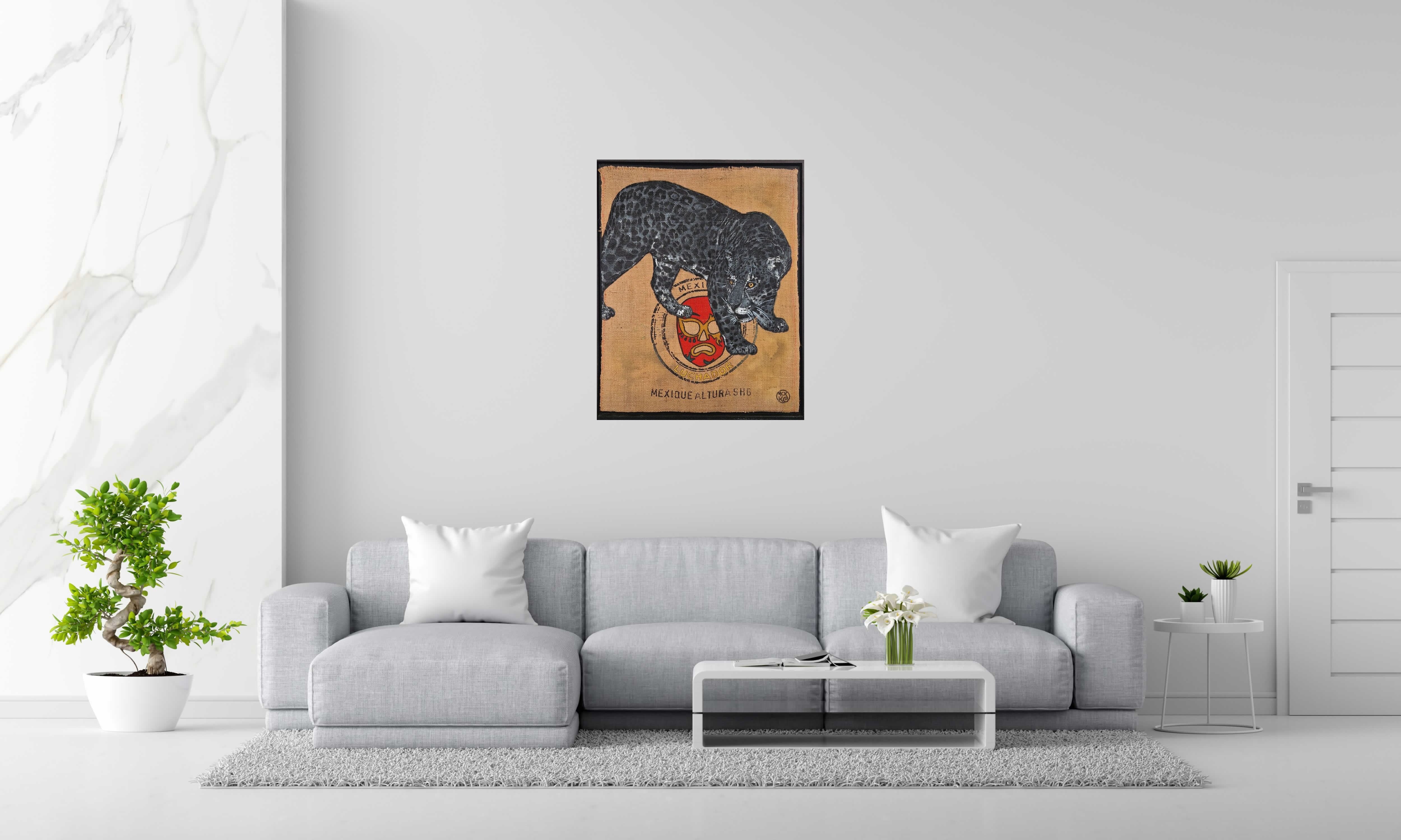 Tableau de MOSKO a pour titre Jaguar noir luchador style street art dim : MOSKOprix:2200