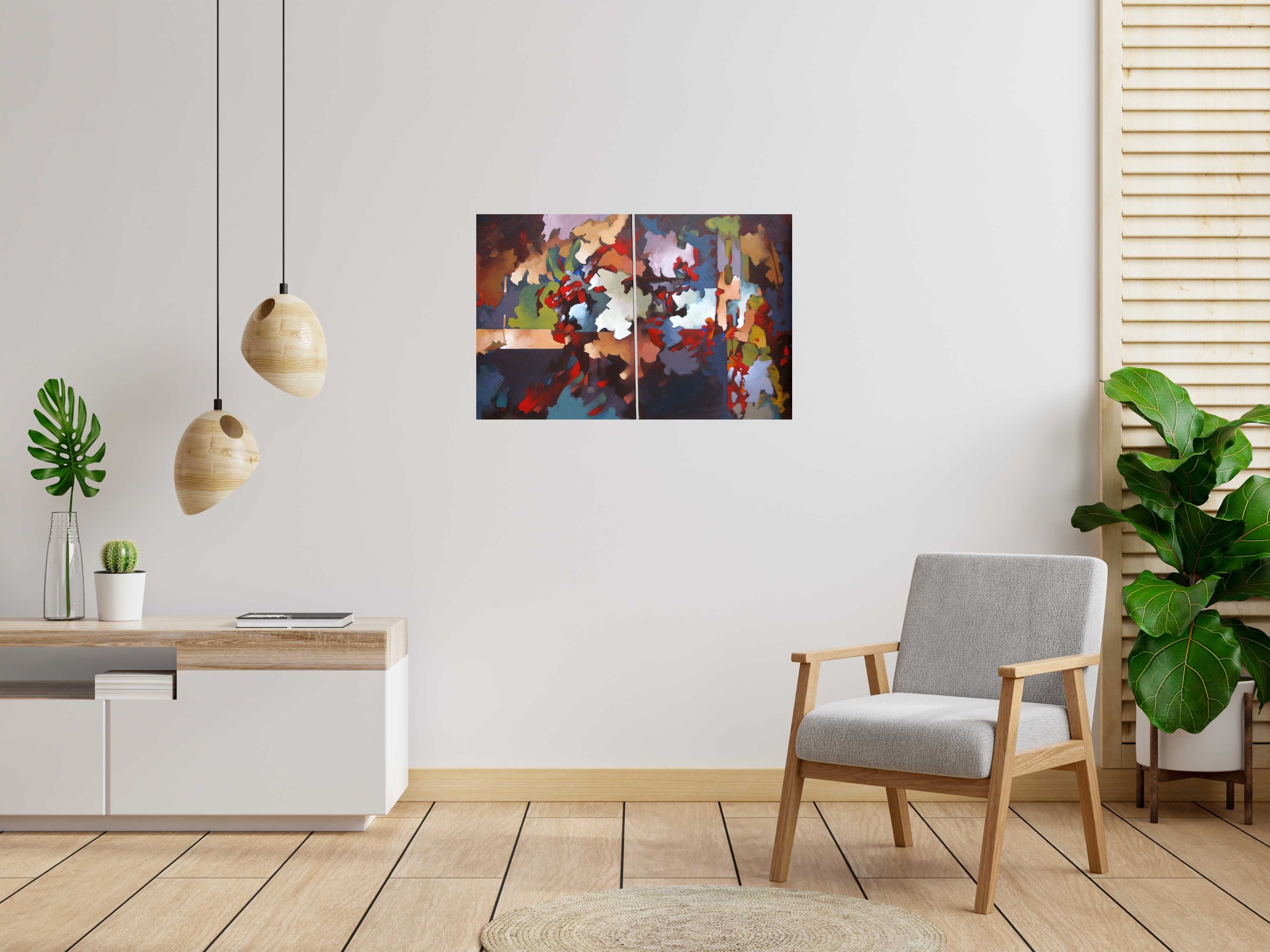 Peinture PEINTURE ABSTRAITE 25 DYPTIQUE de BRUNEAU dans un intérieur – 65 × 100 cm
